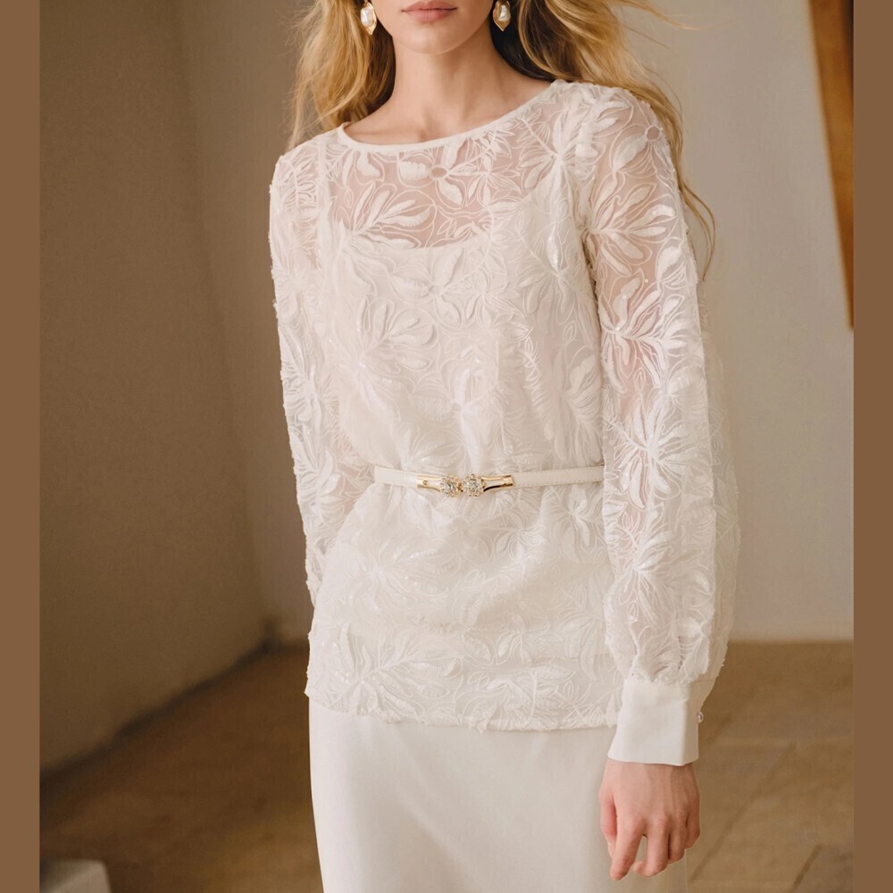 Ivory Sheer Floral Lace Round Neck Long Sleeve Blouse